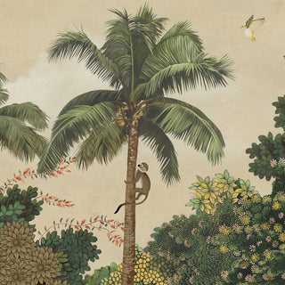 A detailed close-up of Ran Shringar wallpaper in Creamish Beige showing a monkey climbing a coconut palm beside a parrot in flight.