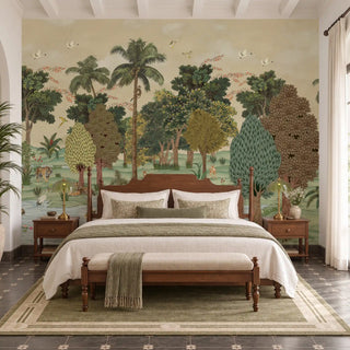 Ran Shringar wallpaper in Creamish Beige covering the wall behind a dark wood four-poster bed, showing palms, tigers and deer across a green meadow.