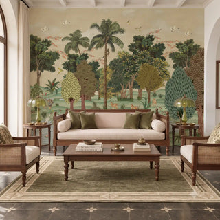 Ran Shringar wallpaper in Creamish Beige as a full-wall backdrop behind a caned sofa and armchairs in a living room.