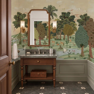 Ran Shringar wallpaper in Creamish Beige covering the wall behind a marble-top vanity and mirror in a powder bathroom.