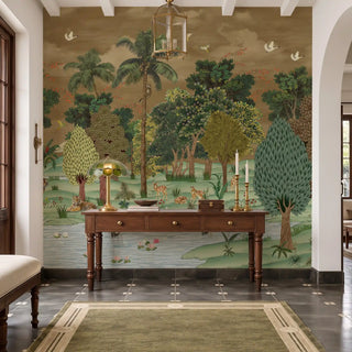 A detailed close-up of Ran Shringar wallpaper depicting Ranthambore Forest in Muddy Brown, showing a monkey climbing a coconut palm beside a parrot in flight.