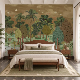 Ran Shringar wallpaper depicting Ranthambore Forest in Muddy Brown covering the wall behind a dark wood four-poster bed, with tigers and deer across a green meadow.