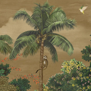 Ran Shringar wallpaper depicting Ranthambore Forest in Muddy Brown covering the wall behind a wooden console table with brass candlesticks in an entryway.