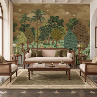 Ran Shringar wallpaper depicting Ranthambore Forest in Muddy Brown covering the wall behind a marble-top vanity and mirror in a powder bathroom.