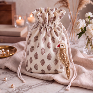 The Ranjha Parrot Hanging Charm in Ivory & Gold styled beside a cream potli bag block-printed with a repeating leaf motif.