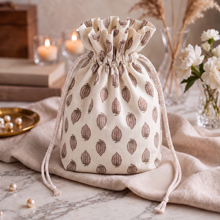 Close view of the cream potli bag's block-printed leaf motif, paired with pearls and candles on marble.
