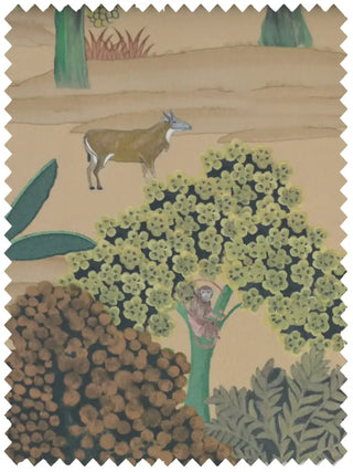 A high-resolution swatch of Ranthambore Forest fabric featuring a hand-painted monkey and deer in a beige-toned jungle landscape.