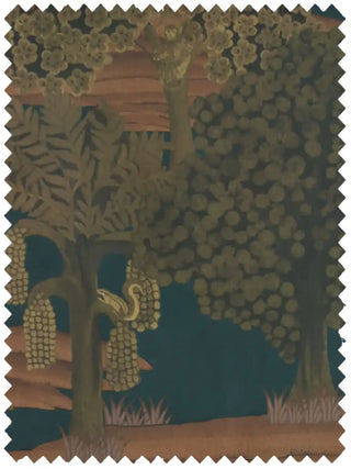 A high-resolution swatch of Ranthambore Forest fabric featuring a hand-painted squirrel in a deep green jungle landscape.