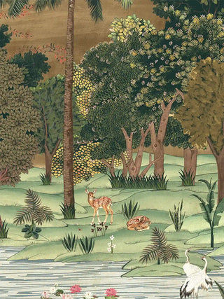 A detailed close-up of the Ranthambore forest landscape wall art highlighting spotted deer and cranes beside the pond.