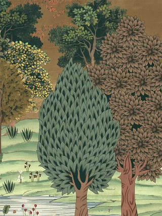 Ranthambore forest landscape wall art highlighting the textured, stylised tree canopies along the bank.