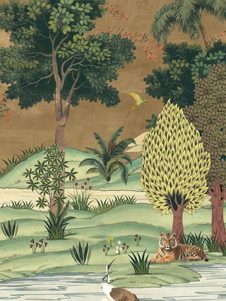 A detailed close-up of the Ranthambore forest landscape wall art highlighting a reclining tiger, a crane and a flying parrot among palm trees.