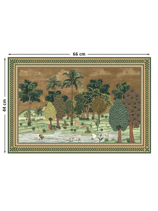 Full view of the Ranthambore forest landscape wall art in gold and green, 44 cm by 66 cm, showing the forest, pond and wildlife.