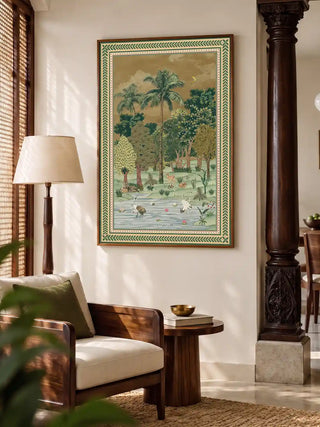 The Ranthambore Forest vertical wall art displayed above a modern wooden armchair styled with a green cushion.
