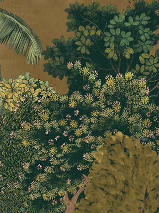 A detailed macro close-up of the Ranthambore Forest vertical wall art showing lush green forest canopy and delicate blossoms.