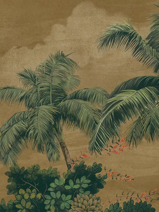 A detailed macro close-up of the Ranthambore Forest vertical wall art highlighting palm fronds against an ochre background.