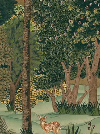 A detailed macro close-up of the Ranthambore Forest vertical wall art showing a spotted deer in a dense forest clearing.