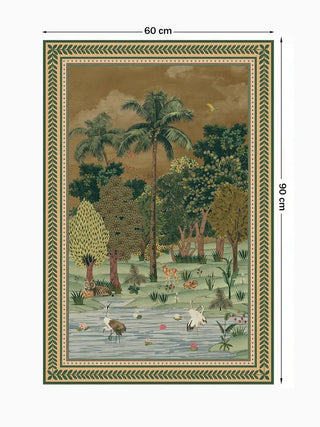 Full front view of the vertical Ranthambore Forest wall art print with annotated medium dimensions measuring 60 cm by 90 cm.