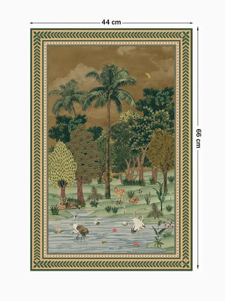 Full front view of the vertical Ranthambore Forest wall art print with annotated small dimensions measuring 44 cm by 66 cm.