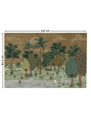 Full design of the Ranthambore Forest wall art in forest green, shown in the 121 x 81.2 cm statement size for a large living room wall.