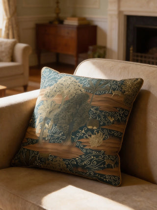 A luxury Ranthambore Golden Terrain cushion cover with a teal and gold forest landscape on a plush beige sofa.