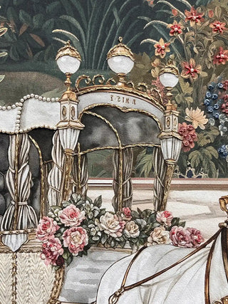 High-detail shot of the royal carriage featuring three-dimensional pink embroidered roses and pearl bead accents