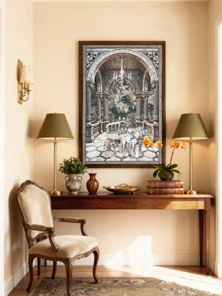 European style wall art featuring a grand carriage scene displayed in a bright, classical entryway with a velvet chair
