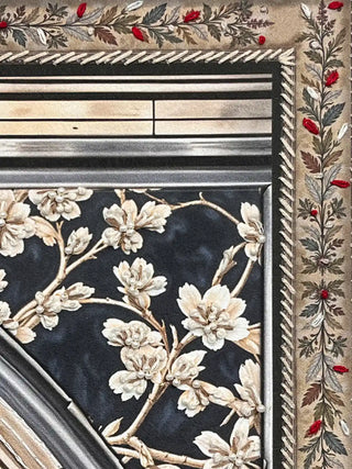Detailed view of the decorative floral border featuring pink blossoms and silver metallic pipe bead accents.