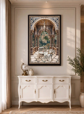 The Regal Arrival vintage print styled inside a dark wood frame over an ornate carved cream sideboard console.