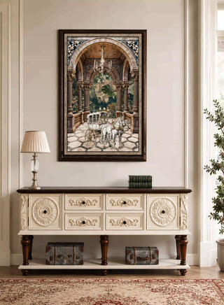 Regal Arrival framed wall art print styled as an expansive cultural statement piece in a bright, classical white foyer.