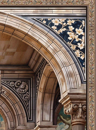 A detailed close-up showing the stone palace arch, fluted Corinthian columns, and slate-blue floral spandrels.