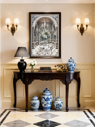 Regal Arrival wall art in a dark wood frame styled above a luxury console table with blue and white porcelain vases