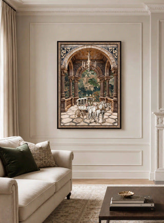 The Regal Arrival large framed print providing a grand architectural focal point behind a plush cream living room sofa.