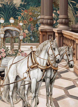A high-resolution close-up of the two noble white horses and the rose-filled carriage in the Regal Arrival print.