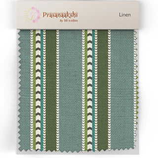 Close-up swatch of Regal Stripe Sofa and Chair Upholstery Fabric in teal blue and deep green tones with white chevron detailing.