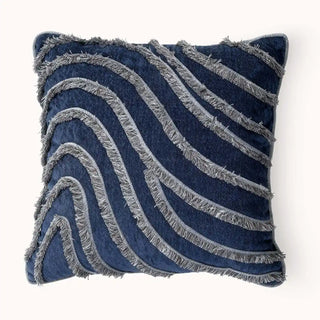 Full studio view of the Regal Wave Cushion with navy base and silver fringed waves.