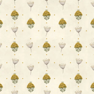 The Reva wallpaper in Mustard Sage shown in full pattern repeat, highlighting the floral bud and dandelion seed head motif spacing