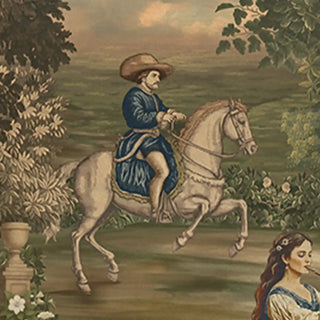 A close-up of the "Riders Rhapsody" wallpaper mural, highlighting the rider on horseback and the intricate details of the classical scene.