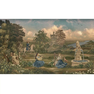 A wider view of the "Riders Rhapsody" wallpaper mural, showing the entire peaceful, tapestry-inspired European landscape.