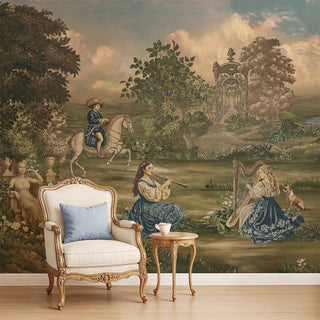 A "Riders Rhapsody" wallpaper mural in a living room, showcasing a pastoral European landscape with a rider on horseback and a woman playing a harp.