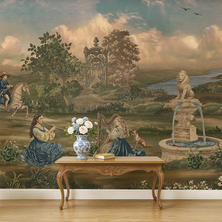 The "Riders Rhapsody" wallpaper mural in a dining area, showing a detailed scene with people, a table, and a fountain in the background.