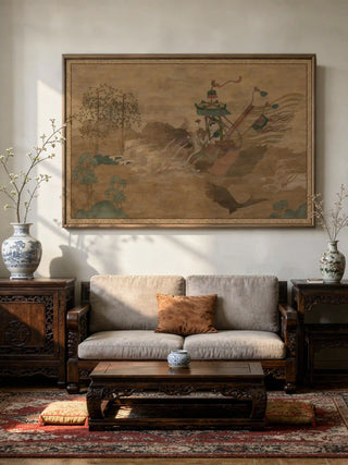The River Embrace print styled as a grand focal point above a carved wooden sofa in a heritage-style interior.