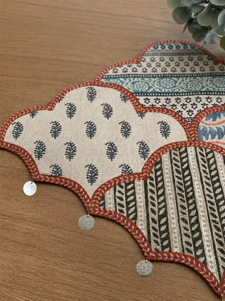 Detailed view of Riwaayat mats revealing individual patchwork pattern blocks featuring botanical leaves, geometric designs, and hand-stitched embroidery work.