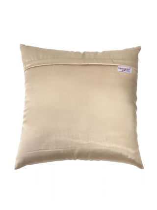 Back view of Rocaille Charm cushion cover in champagne satin showing concealed zip placket and Prasanaakshi brand label.