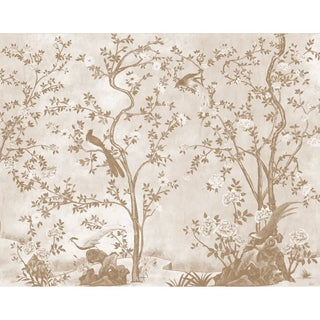 Full design layout of Rosa wallpaper showing winding trees, peonies, and exotic birds in monochromatic beige.