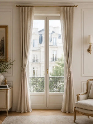 A pair of Rosette Royale cream curtain tiebacks installed inside a luxury classical French lounge framing tall patio doors.