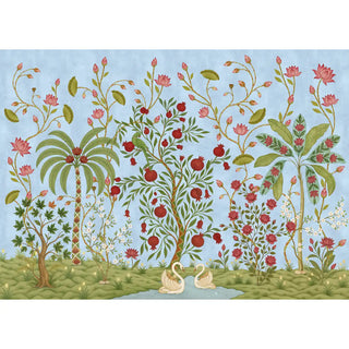 A full-view landscape of The Royal Bagh blue mural featuring pomegranate trees, lotus flowers, and swans.