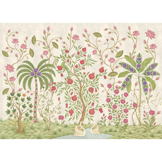A full-view landscape of The Royal Bagh cream mural featuring pomegranate trees, lotus flowers, and swans.