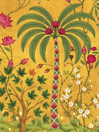 A detailed macro close-up of the Royal Bagh horizontal wall art highlighting a stylized palm tree and lotus vines on gold ground.