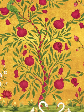A detailed macro close-up of the Royal Bagh horizontal wall art showing a green parrot on a pomegranate tree above swans.