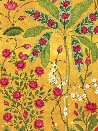 A detailed macro close-up of the Royal Bagh horizontal wall art showing red roses, white blossoms, and lotus-patterned plantain fronds.